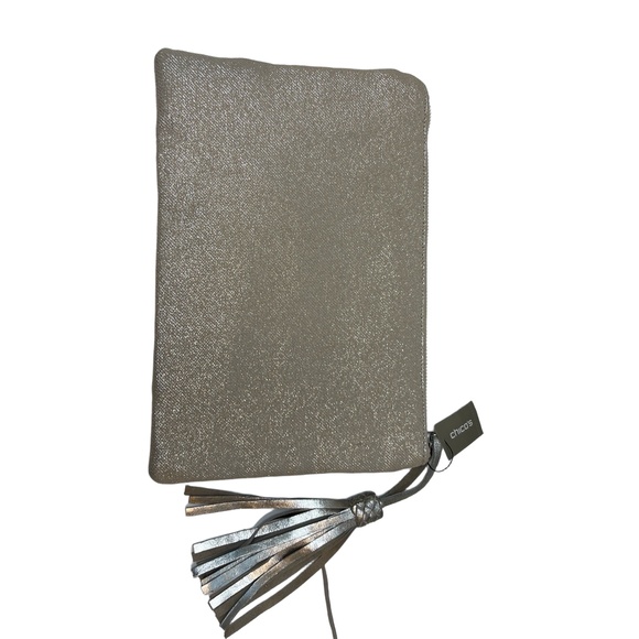 NWT Chico's Clutch Bag Beaded Embroidered Geometric Tassel Zipper Aqua Silver - Picture 2 of 11